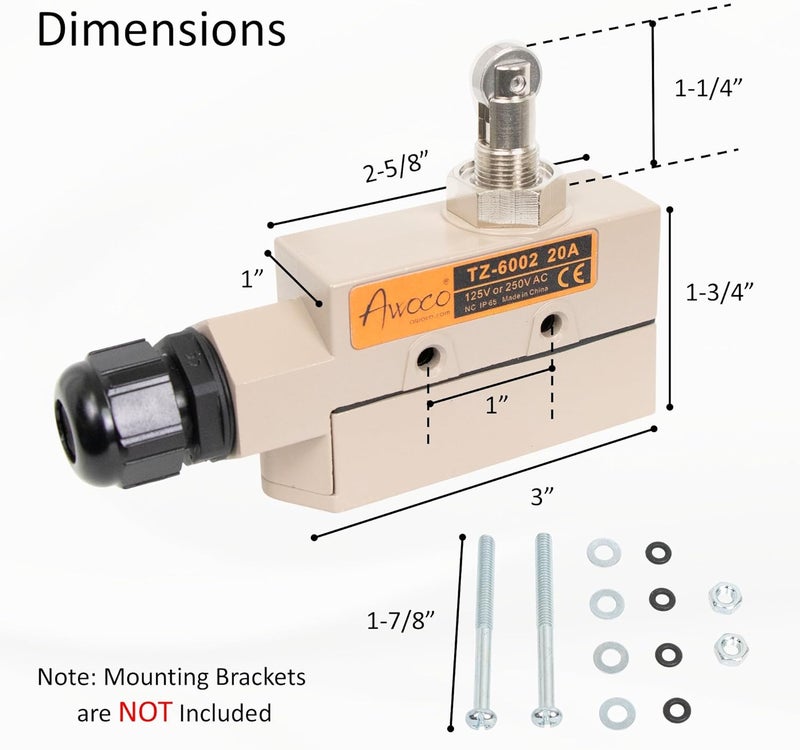 Awoco Heavy Duty Commercial Door Micro Switch with Parallel Roller Plunger for Sliding Doors/Windows for Air Curtains, 250V 20A IP 65 Limit Switch Type NO and Type NC (TZ-6002-20A) - Image 3